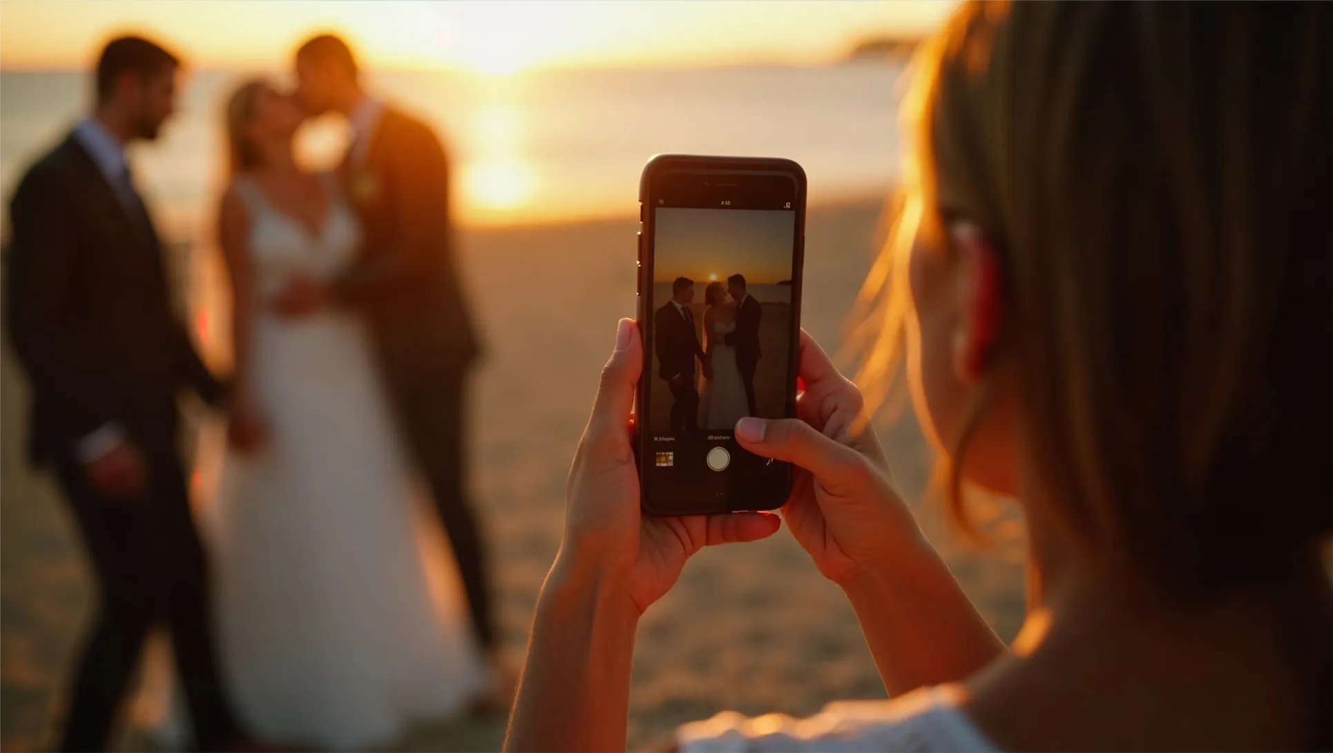Brautpaar schaut sich gemeinsam Hochzeitsfotos an