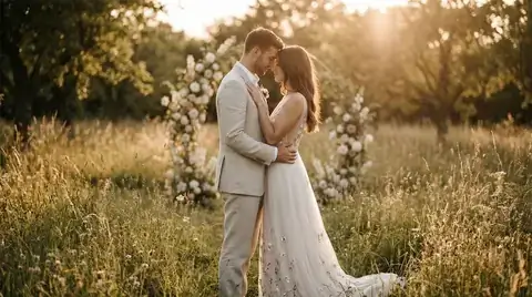 Brautpaar auf einer Wiese mit Blumenbogen in warmem Abendlicht